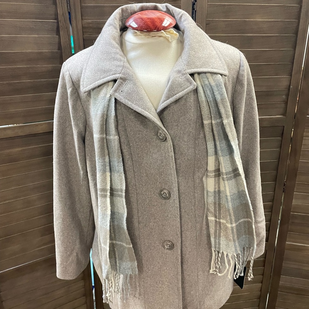 Vintage London Fog Tan Coat with Gray Plaid Scarf